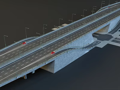 Modern Concrete Bridge With Multi Lane Roadway Street Lamps And Red Cars 3d model
