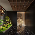Modern Hotel Corridor Interior With Green Plants Wooden Ceiling And Ambient Lighting