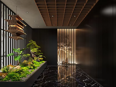 Modern Hotel Corridor Interior With Green Plants Wooden Ceiling And Ambient Lighting 3d model