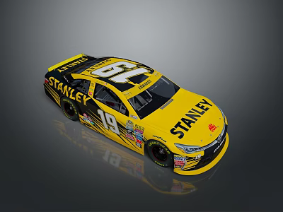 Yellow STANLEY Number 19 Race Car with Sponsor Logos and Aerodynamic Body 3d model