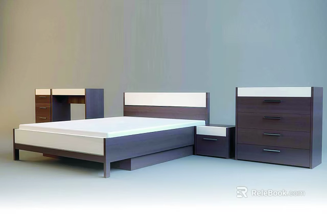 Modern Double Bed with White and Dark Headboard Nightstand and Drawer Chest 3d model 