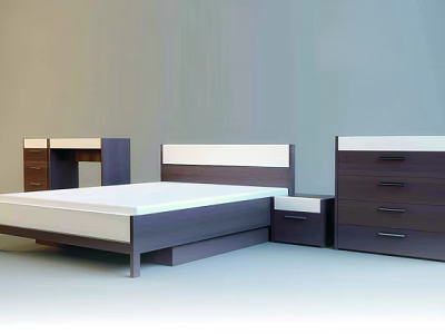 Modern Double Bed with White and Dark Headboard Nightstand and Drawer Chest 3d model