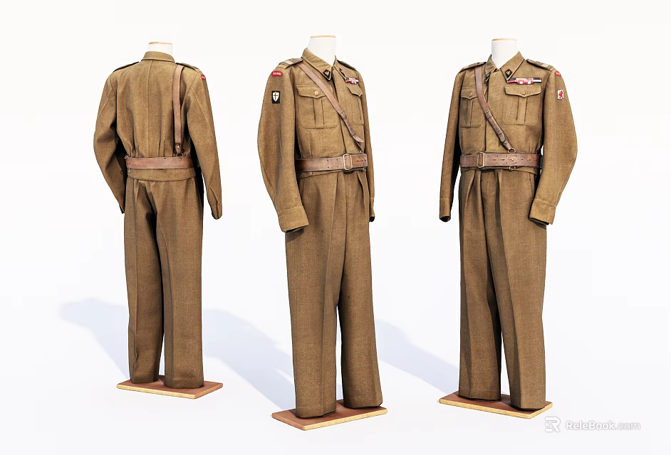 Brown Military Uniform Mannequins Three Angles View With Shoulder Straps And Waist Belt 3d model 