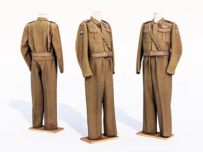 Brown Military Uniform Mannequins Three Angles View With Shoulder Straps And Waist Belt 3d model
