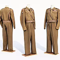 Brown Military Uniform Mannequins Three Angles View With Shoulder Straps And Waist Belt
