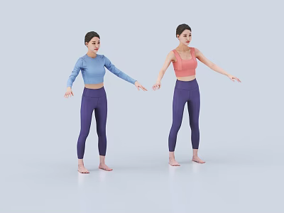 Two Women Wearing Blue and Pink Activewear with Purple Leggings Stretching Arms 3d model