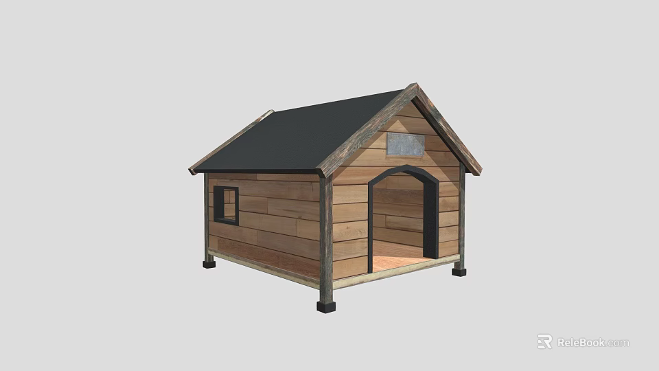 Wooden Dog House with Black Roof Arch Door Small Window and Support Legs Design 3d model 