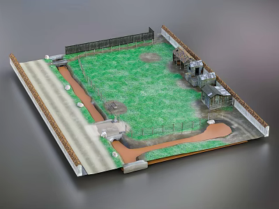 Detailed Scenery Model Featuring Green Grassy Area Road Fence And Small Buildings 3d model