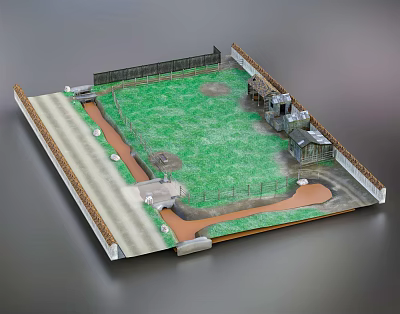 Detailed Scenery Model Featuring Green Grassy Area Road Fence And Small Buildings 3d model
