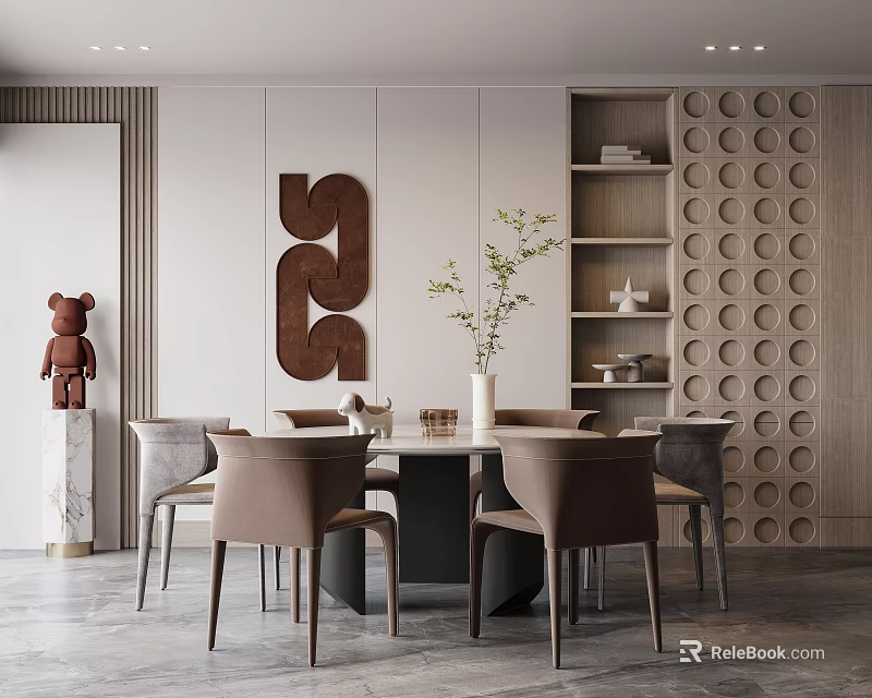 Elegant Modern Dining Room Interior With Dining Table Chairs Wall Art Shelves And Decor 3d model 