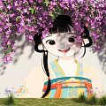 White Wall With Hanging Purple Flowering Vines And Traditional Attire Girl Near Green Grass