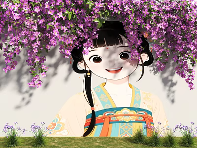 White Wall With Hanging Purple Flowering Vines And Traditional Attire Girl Near Green Grass 3d model
