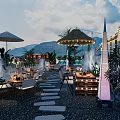 Outdoor Restaurant Dining Area With Thatched Roof String Lights Fountain And Stone Path
