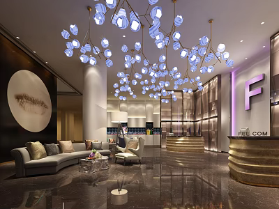 Modern Storefront Reception With Decorative Chandeliers Lounge Area Sofa And F Logo Sign 3d model