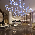 Modern Storefront Reception With Decorative Chandeliers Lounge Area Sofa And F Logo Sign
