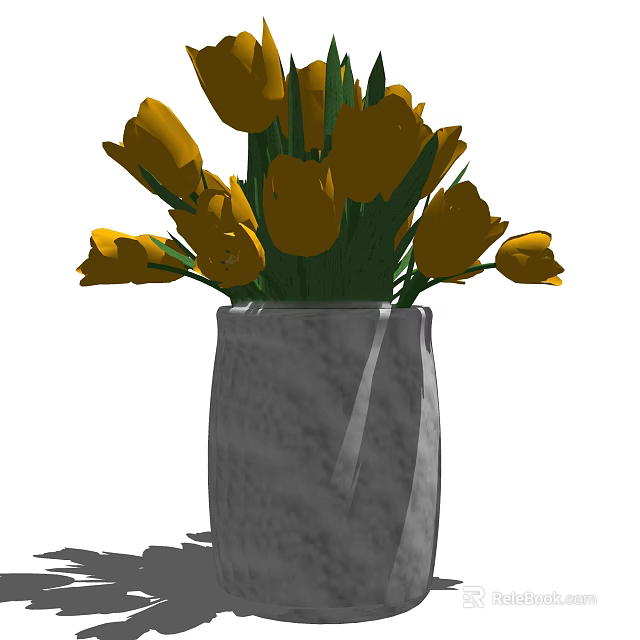 Gray Marble Vase With Yellow Tulips And Green Leaves Decorative Arrangement 3d model 
