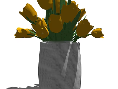 Gray Marble Vase With Yellow Tulips And Green Leaves Decorative Arrangement 3d model