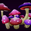 Vibrant Colorful Mushrooms with Purple Pink Red Hats and White Spots on Dark Background