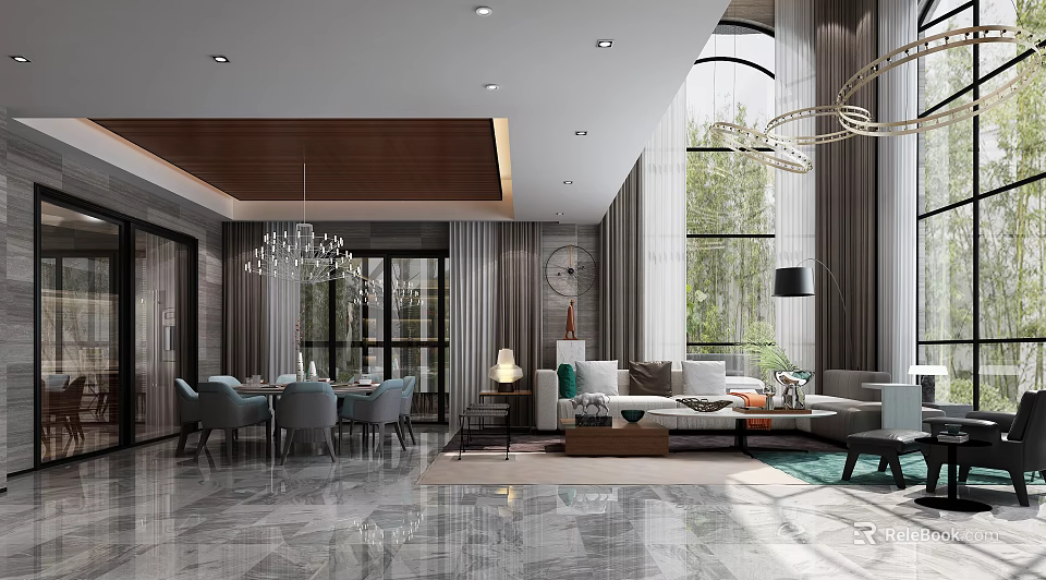 Elegant Modern Duplex Living Room Interior With High Ceiling Sofa And Large Windows 3d model