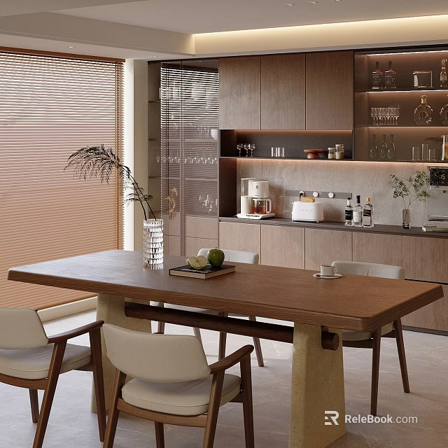 Modern Natural Wood Dining Table Set With Comfortable Upholstered Chairs For Warm Home Dining Interior 3d model 