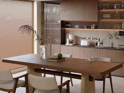 Modern Natural Wood Dining Table Set With Comfortable Upholstered Chairs For Warm Home Dining Interior 3d model