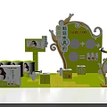 Green Exhibition Display Stand Featuring Product Packaging And Cartoon Robot Elements 3d model