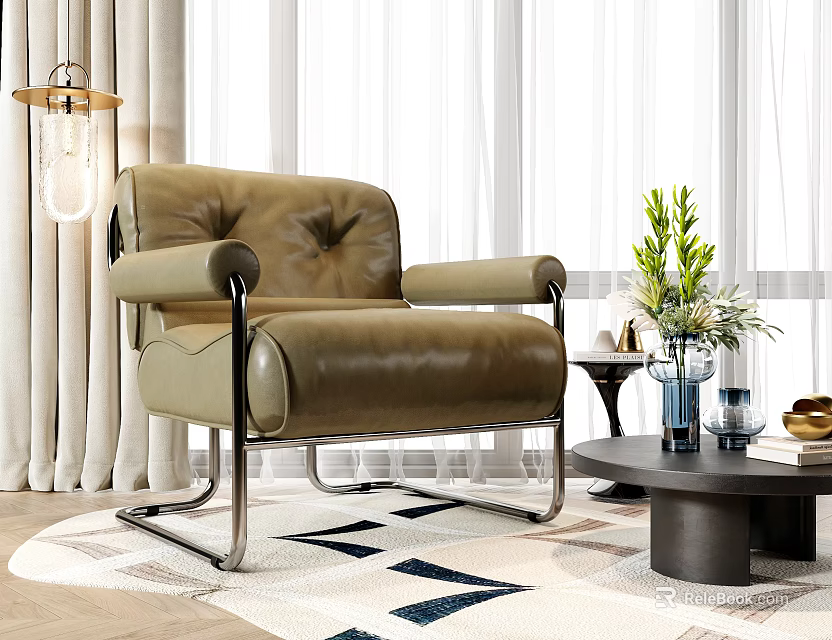 Modern Brown Leather Leisure Chair With Metal Frame In Living Room With Curtains And Plants 3d model 