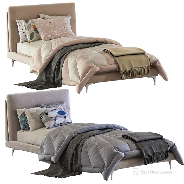 Cozy Modern Kids Bed with Soft Bedding Pillows Quilt and Warm Blankets 3d model 