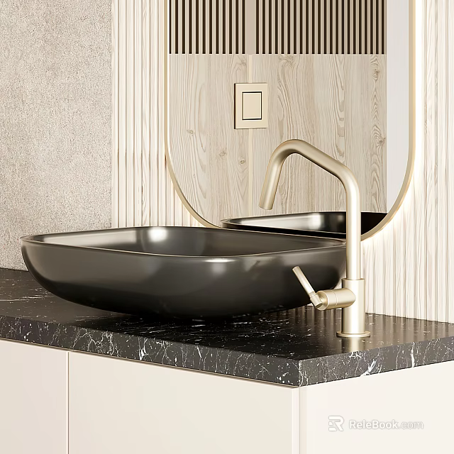 Modern Black Washbasin With Gold Faucet On Marble Countertop And Wooden Wall 3d model 