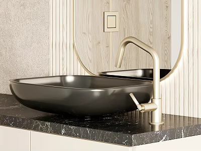Modern Black Washbasin With Gold Faucet On Marble Countertop And Wooden Wall 3d model