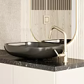 Modern Black Washbasin With Gold Faucet On Marble Countertop And Wooden Wall