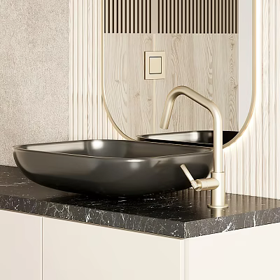 Modern Black Washbasin With Gold Faucet On Marble Countertop And Wooden Wall 3d model