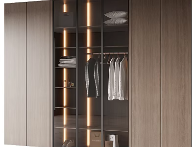Modern Wooden Wardrobe With Glass Doors LED Lights Layered Shelves And Hanging Clothes 3d model