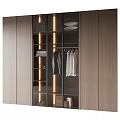 Modern Wooden Wardrobe With Glass Doors LED Lights Layered Shelves And Hanging Clothes