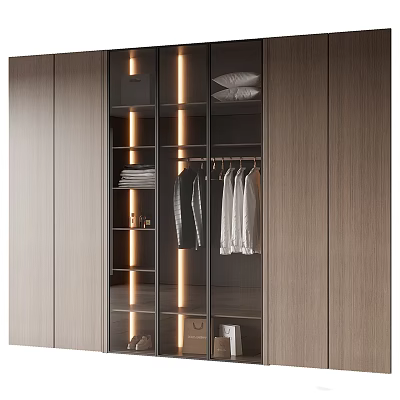 Modern Wooden Wardrobe With Glass Doors LED Lights Layered Shelves And Hanging Clothes 3d model