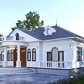 Elegant Detached Villa Featuring White Exterior Dark Roof Wooden Door And Front Steps