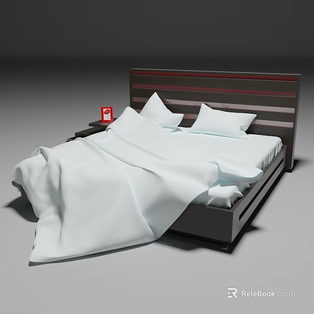 Double Bed Interior With White Sheets Pillows Dark Striped Headboard Nightstand And Red Item 3d model