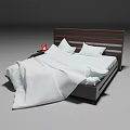 Double Bed Interior With White Sheets Pillows Dark Striped Headboard Nightstand And Red Item 3d model