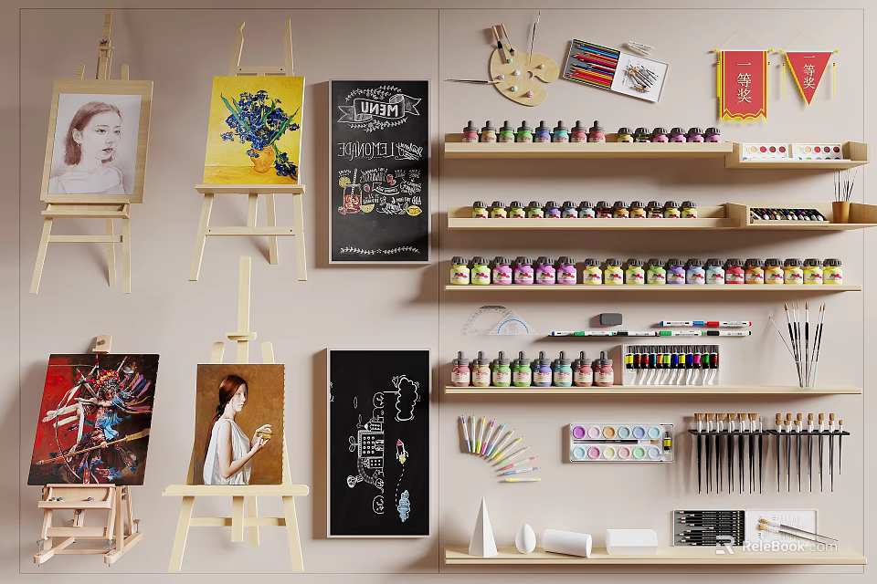 Artistic Studio Setup With Easels Canvases Paints Brushes and Musical Instruments 3d model