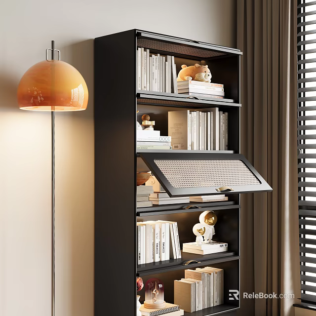 Modern Black Bookcase With Shelves Books Decorative Items And Warm Lighting 3d model 