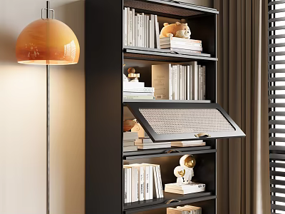 Modern Black Bookcase With Shelves Books Decorative Items And Warm Lighting 3d model