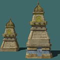 Two Ancient Stone Towers With Dome Tops Yellow Windows And Decorative Base