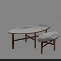 Two Piece Oval Coffee Table Set With Marble Patterned Top And Wooden Cross Legs 3d model