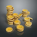 Shiny Golden Coins Living Supplies Stacked in Heaps and Scattered on Dark Glossy Surface