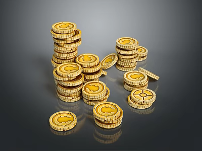 Shiny Golden Coins Living Supplies Stacked in Heaps and Scattered on Dark Glossy Surface 3d model