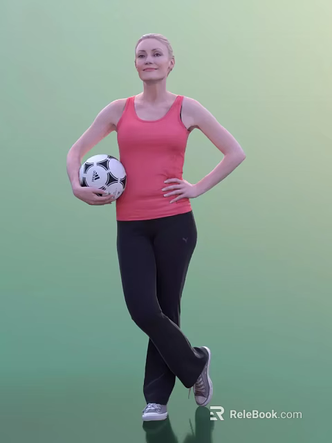 Woman In Pink Tank Top And Black Leggings Holding Soccer Ball Against Green Background 3d model 