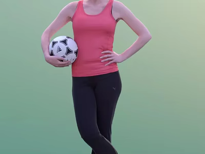 Woman In Pink Tank Top And Black Leggings Holding Soccer Ball Against Green Background 3d model