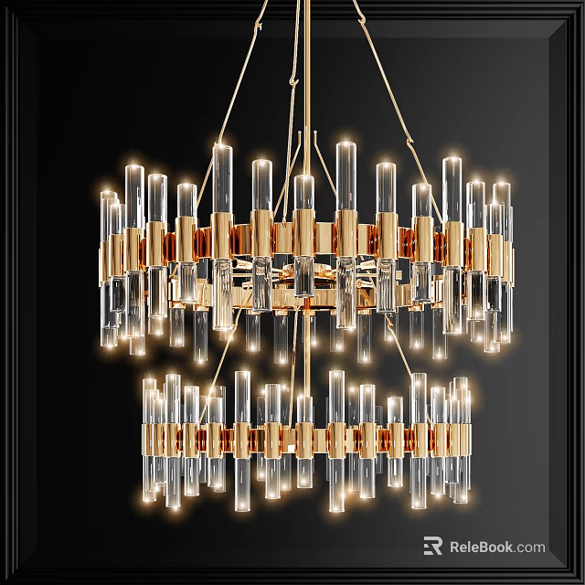 Modern Crystal Chandelier With Double Layer Golden Frame And Transparent Crystal Columns Illuminated 3d model 