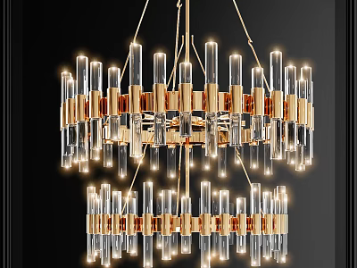 Modern Crystal Chandelier With Double Layer Golden Frame And Transparent Crystal Columns Illuminated 3d model