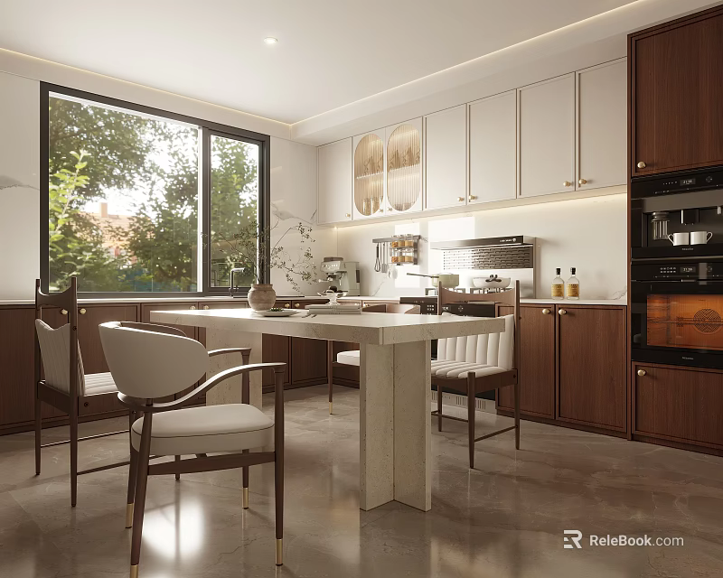 Modern Restaurant Interior With Marble Dining Table Chairs Large Window And White Wooden Cabinets 3d model 